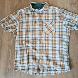 Kuhl Shirt Mens XL Orange Gray Teal  100% Organic Cotton Short Sleeve Button Up